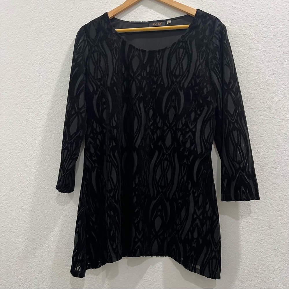 FYLO WOMEN'S BURNOUT VELVET LONG SLEEVE TUNIC DRESS Black Size L